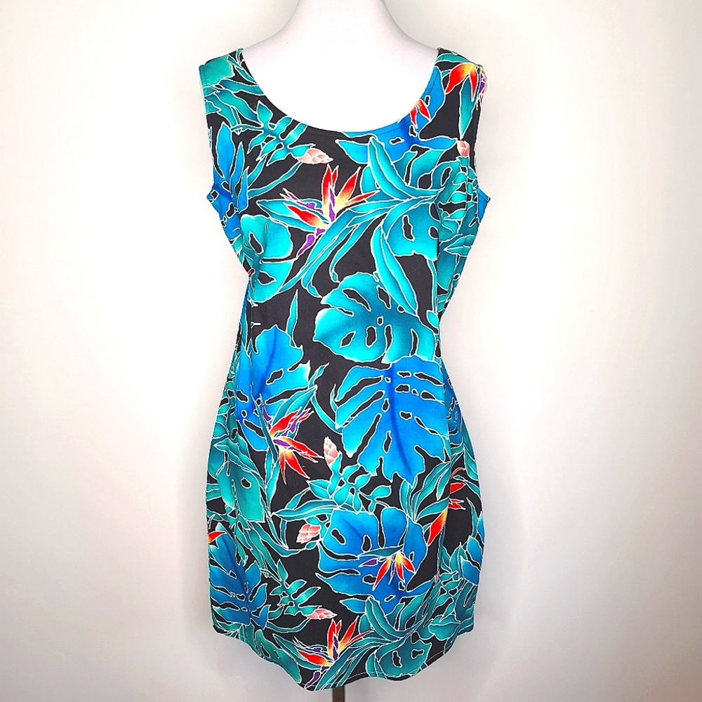 Cotton Batik Style Tropical Print Dress, Size L, Birds of Paradise, Tiki